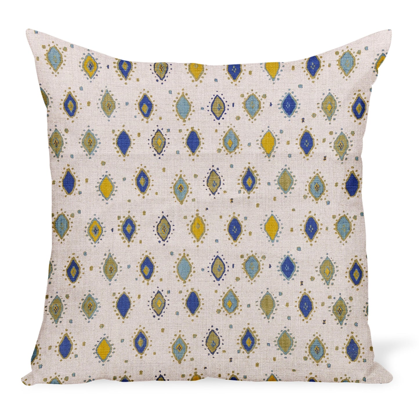 Peter Dunham Textiles Oona en indigo/olive sur coussin naturel